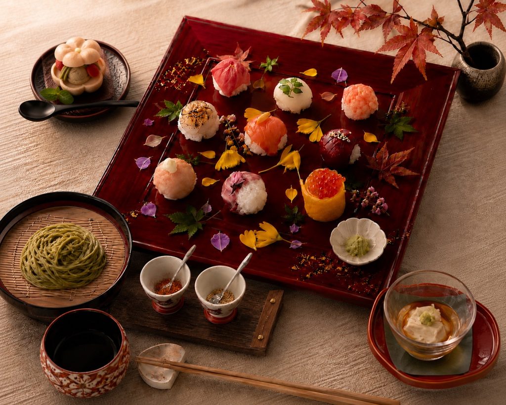 目の前で花びらが舞う華やかな演出。宝石箱のような「手鞠寿し」専門店（京都・大宮）の画像